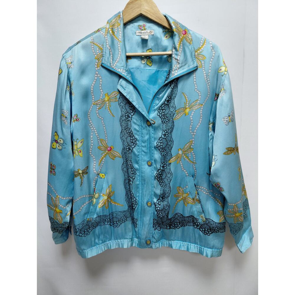 Mureli Embroidered Jacket Blue Long Sleeve Collared 100% Silk Women Size M